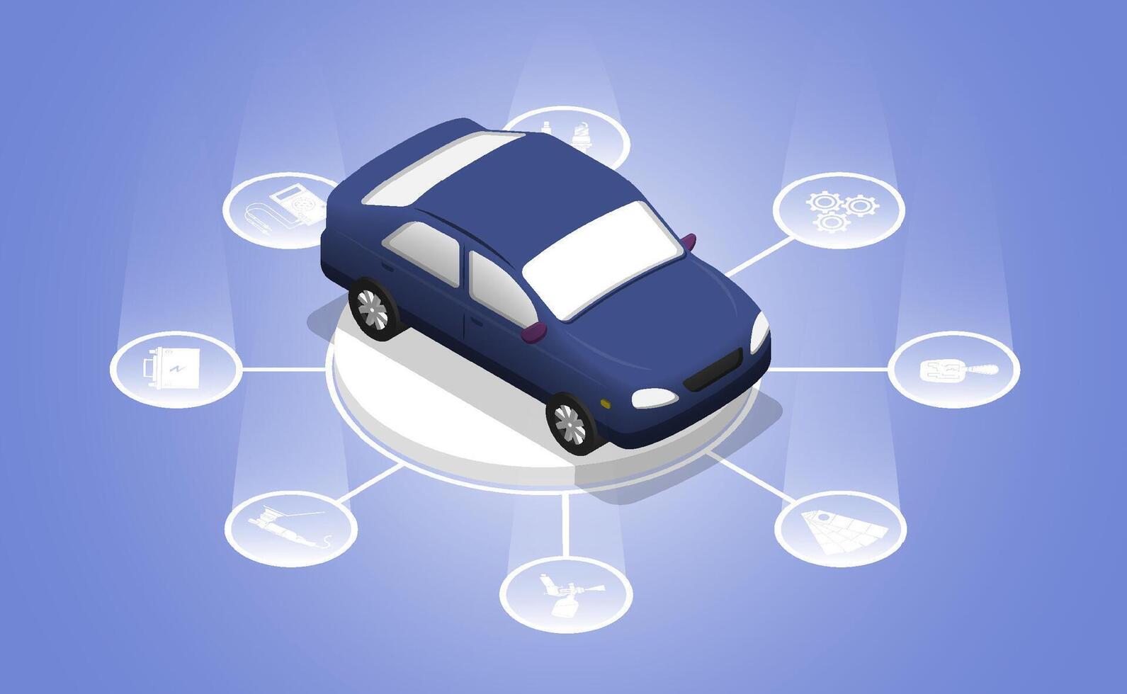 Business concept. Car on pedestal with symbols of auto service center. Seasonal car service in workshop vector
