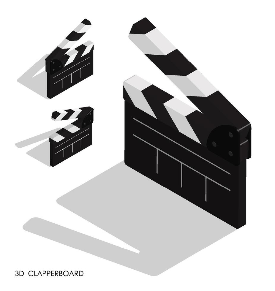 isometric Clapper board for shooting film in open position. Assistant director. Realistic 3d isolated on white background vector