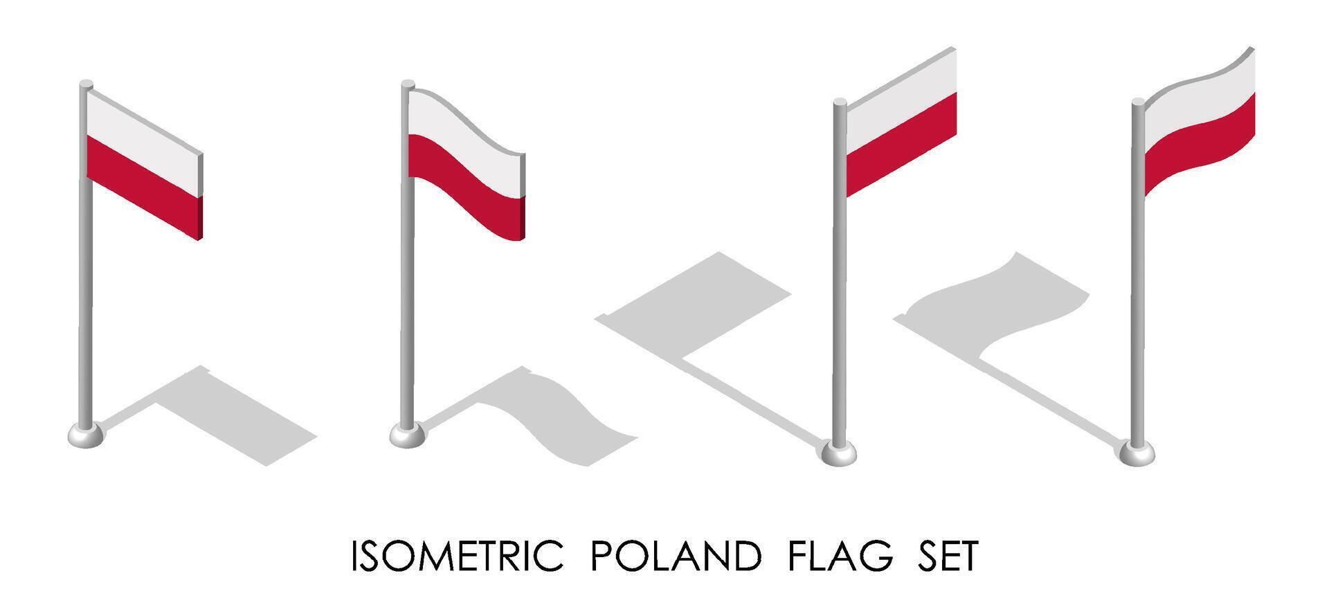 isometric flag of POLAND in static position and in motion on flagpole. 3d vector