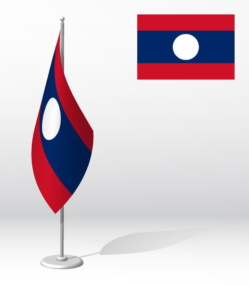 flag of Lao People Democratic Republic on flagpole for registration of solemn event, meeting foreign guests. National independence day of Lao. Realistic 3D on white vector