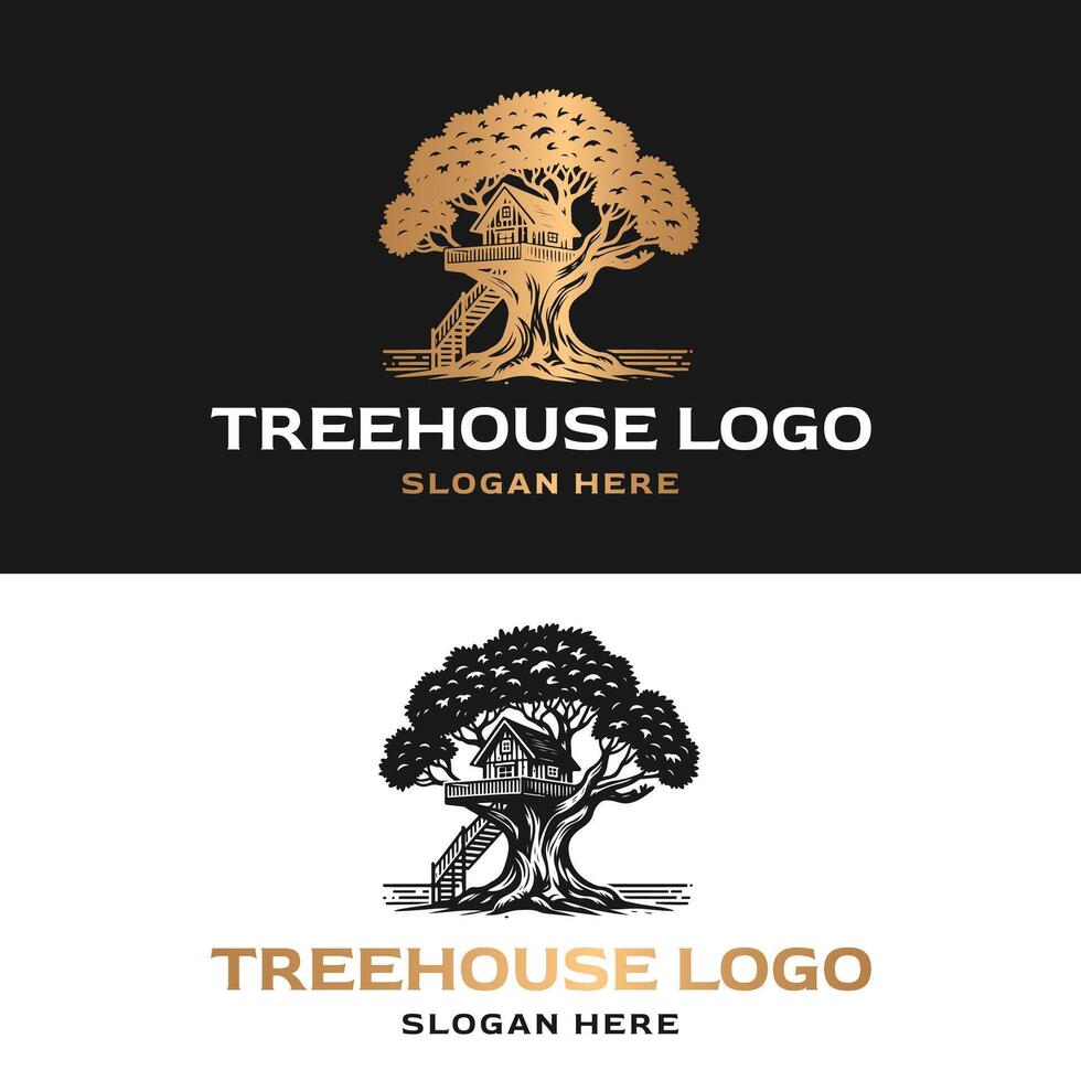 luxury vintage logo illustration of treehouse vector