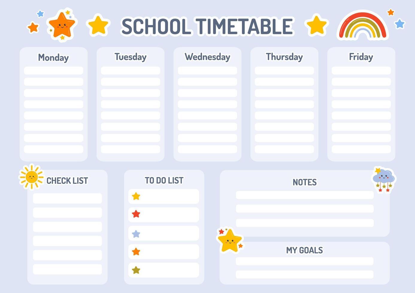 School timetable for kids, weekly planner, printable school schedule for children. School children routine. Education lessons plan, class planning, notes, goals, to do list. Back to school planner. vector