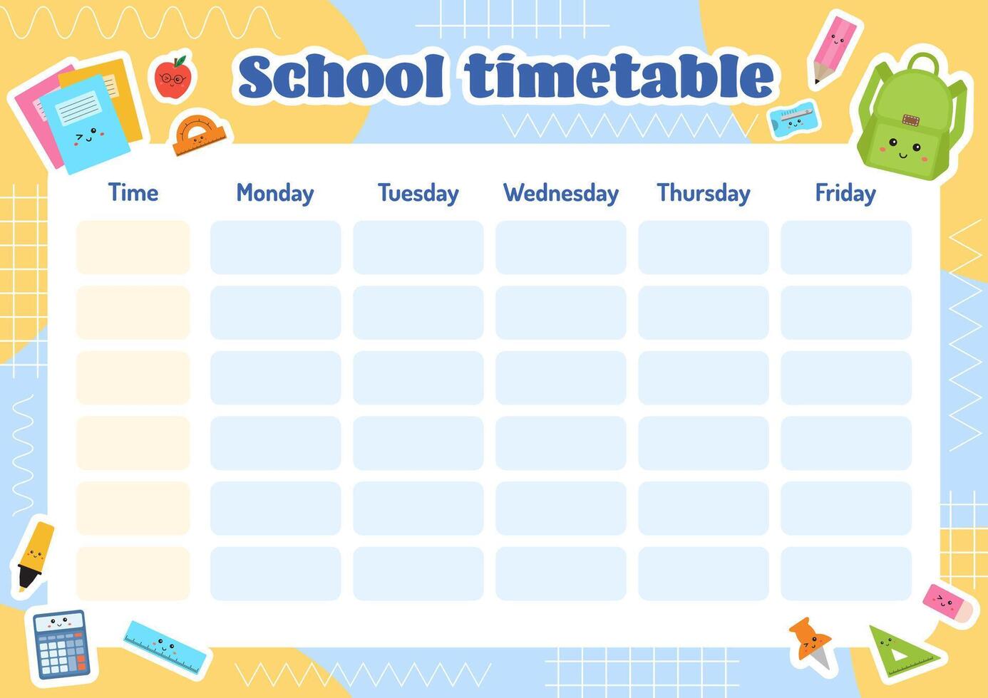 School timetable for kids, educational schedule, weekly planner, printable school schedule for children. School children routine timetable. Education, class, lessons plan. Back to school planner. vector