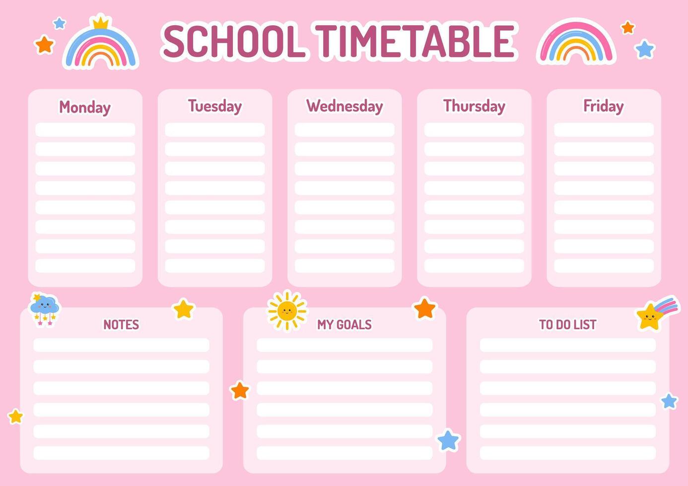Education lessons plan. Template school timetable for students or pupils. Timetable for elementary school. Weekly planner template. School timetable, weekly classes schedule. Back to school planner. vector