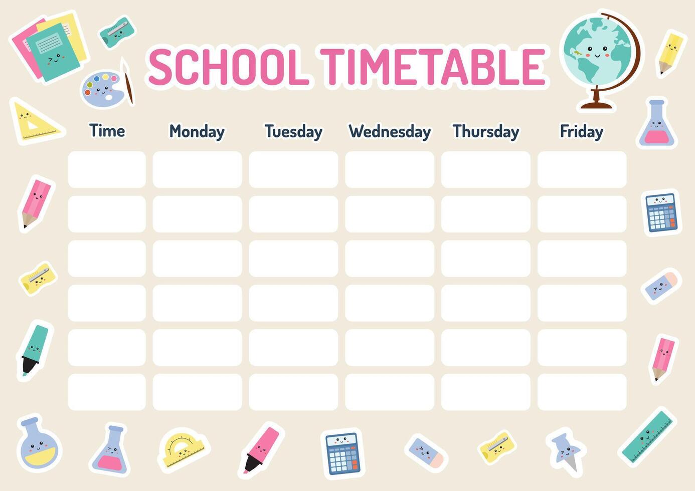 Education lessons plan. Template school timetable for students, pupils. Timetable for elementary school. Weekly planner for kids. School timetable, weekly classes schedule. Back to school planner. vector