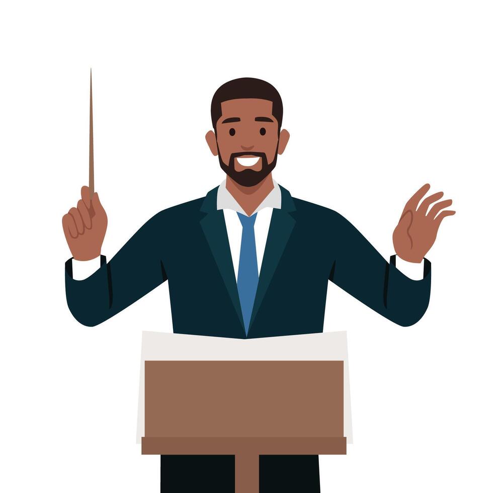 Young man who directs the performance of orchestra or choir. Bandleader. vector