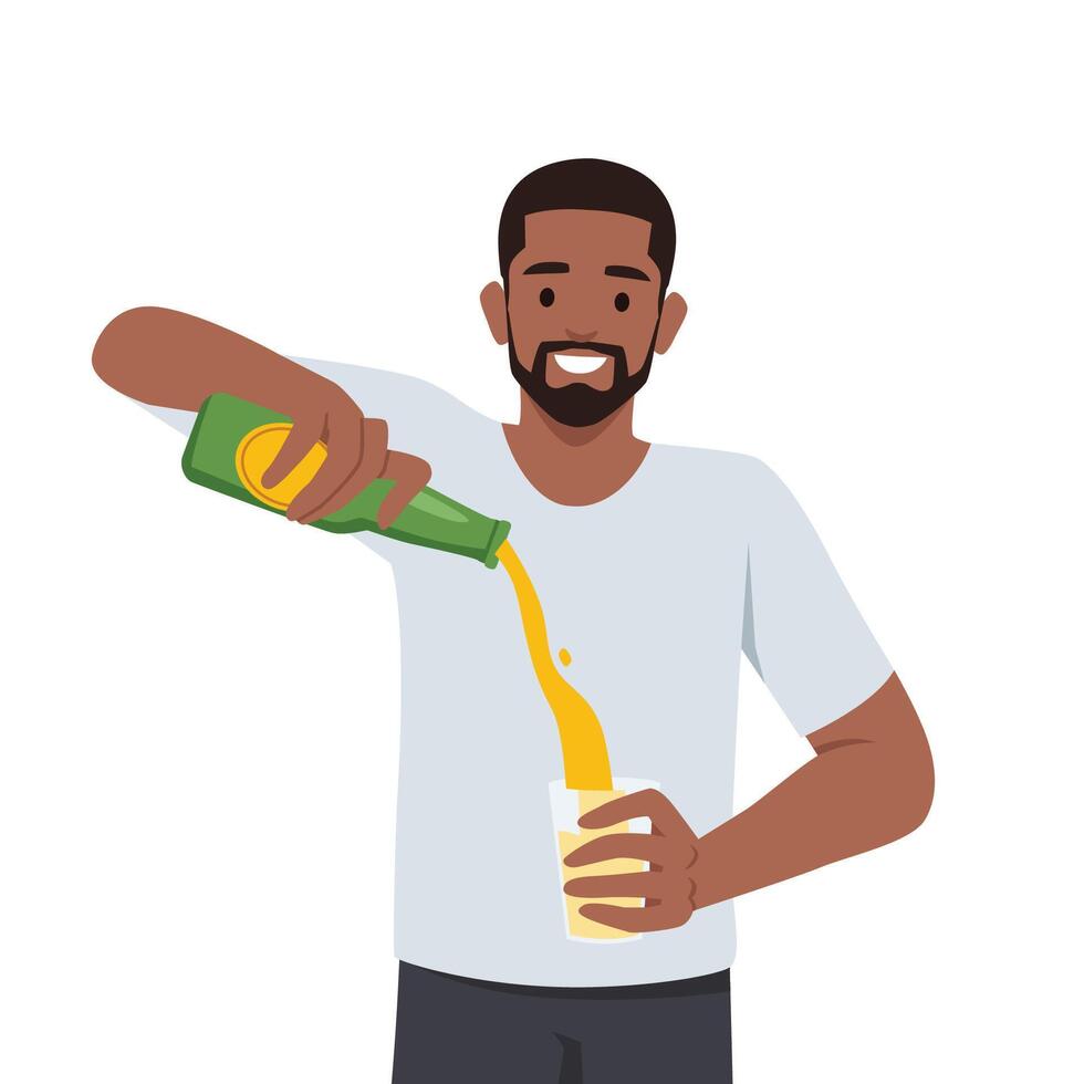 Young bearded man holding bottle beer. pouring beer on glass. vector