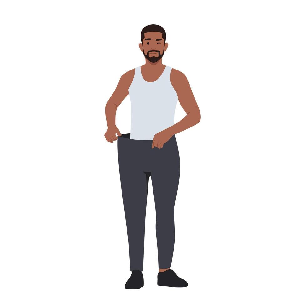 Smiling young man in loose pants show results of diet. vector