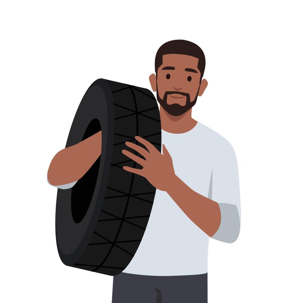 Auto mechanic car service worker in uniform overall holding tire. vector