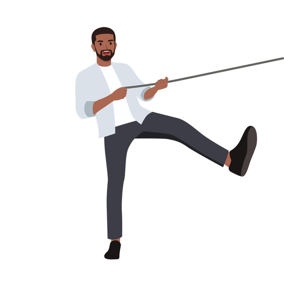 Young bearded man pulling a rope tug of war. vector