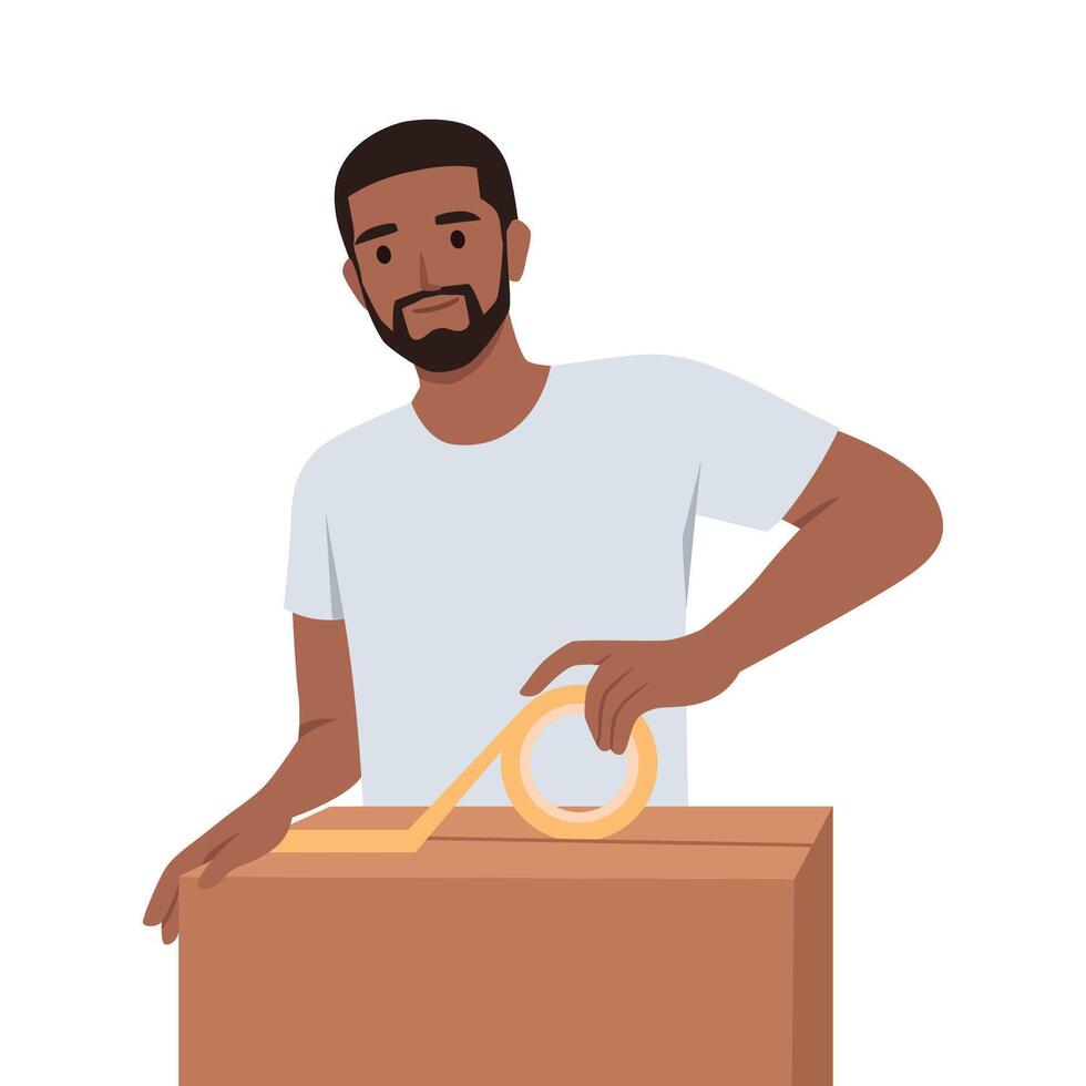 Man packs personal belongings into cardboard relocation box. vector