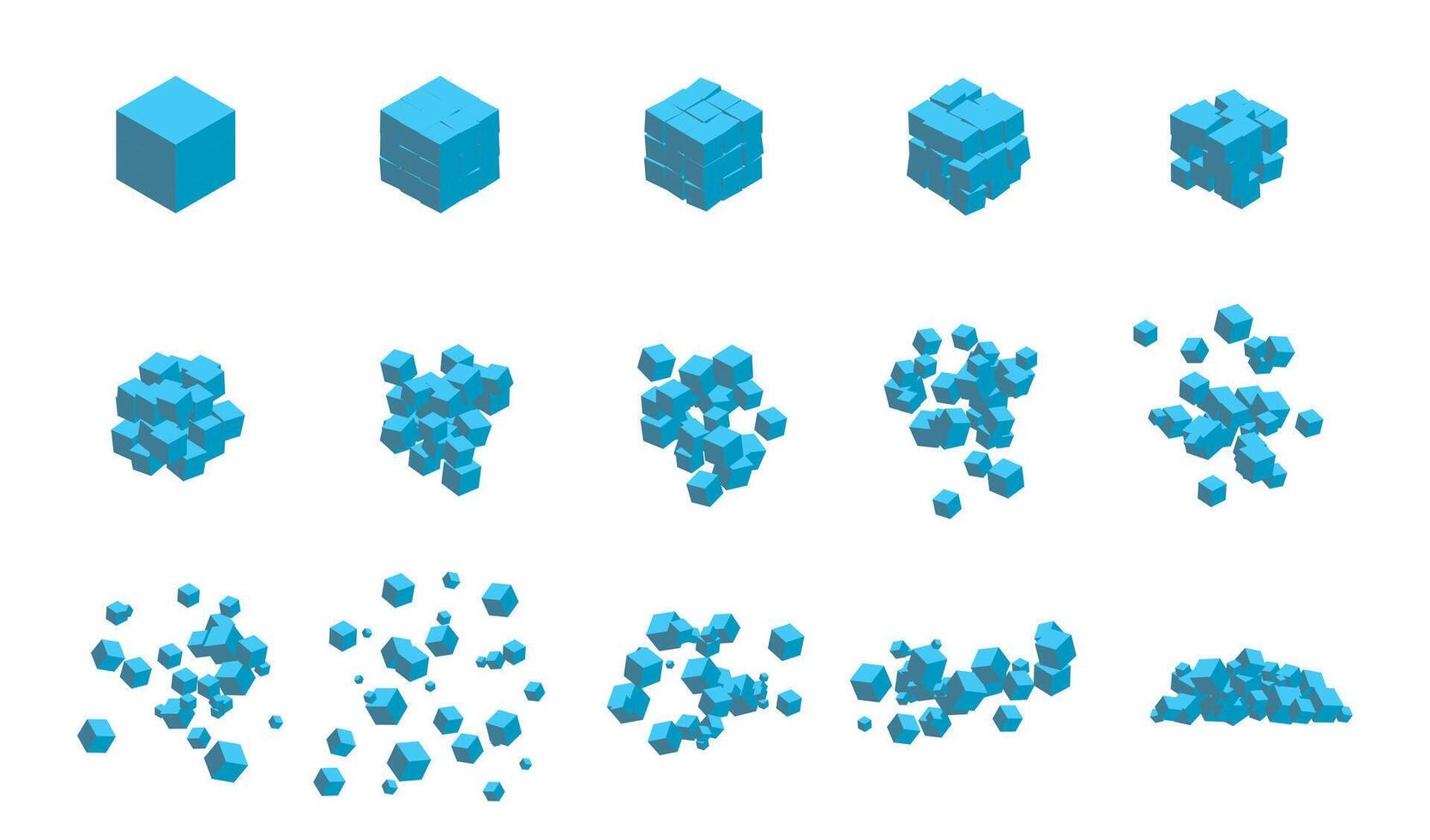Stages of destruction of a cube by an explosion. Template for web illustrations and computer graphics. illustration vector