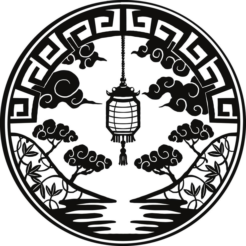 a black and white logo of a lantern hanging from a tree vector