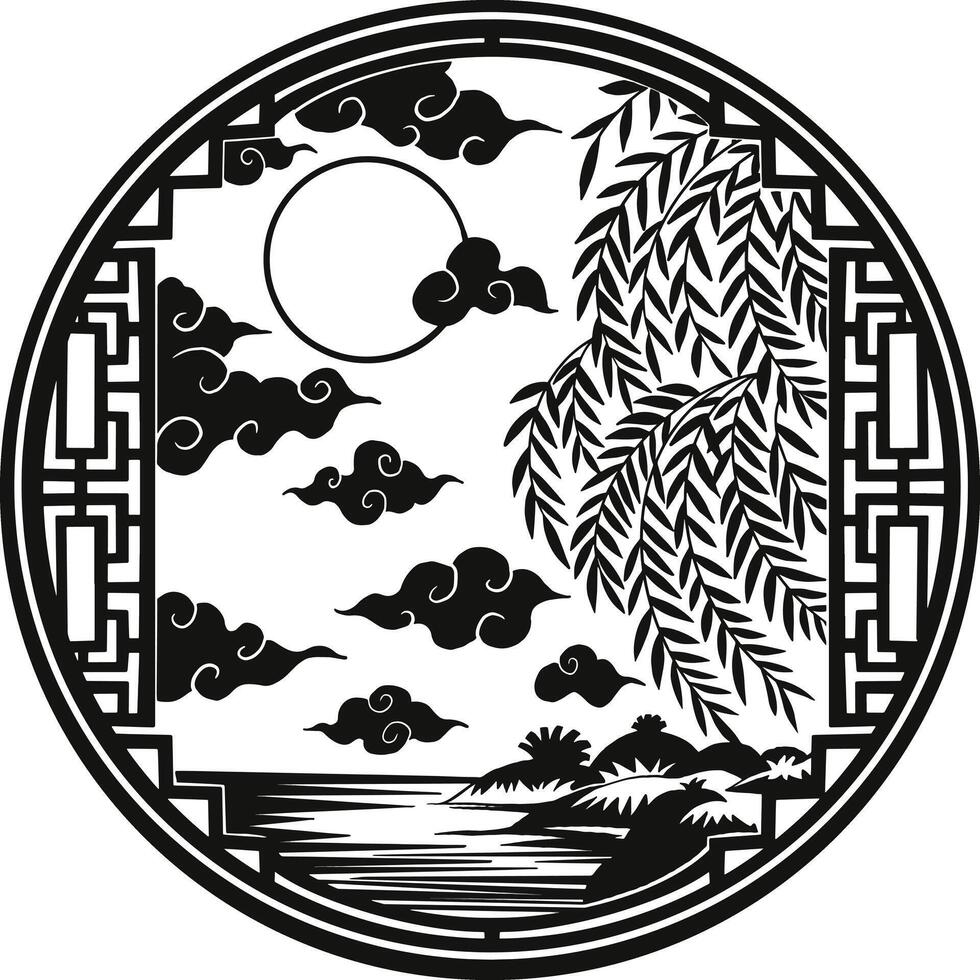 a black and white chinese style illustration of a tree and a moon vector