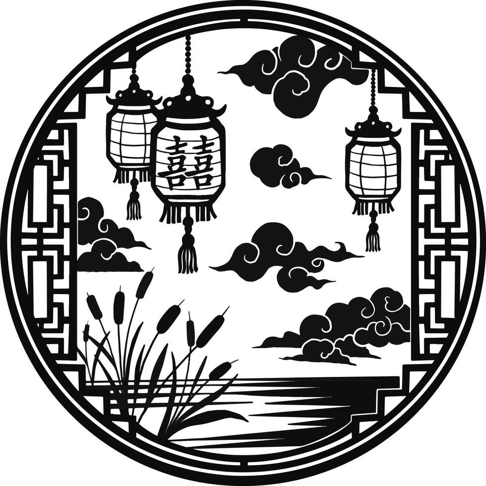 chinese lanterns and clouds in a round frame vector