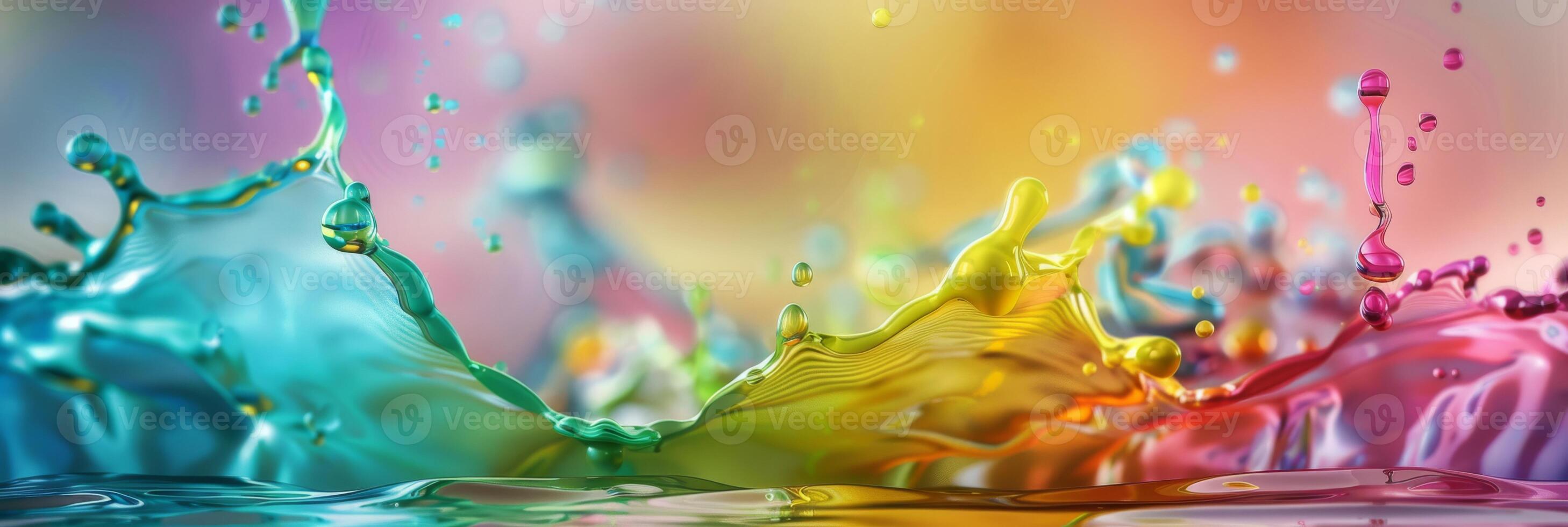 Dynamic splash of colorful liquids creating stunning abstract art with vibrant hues on a gradient background. photo