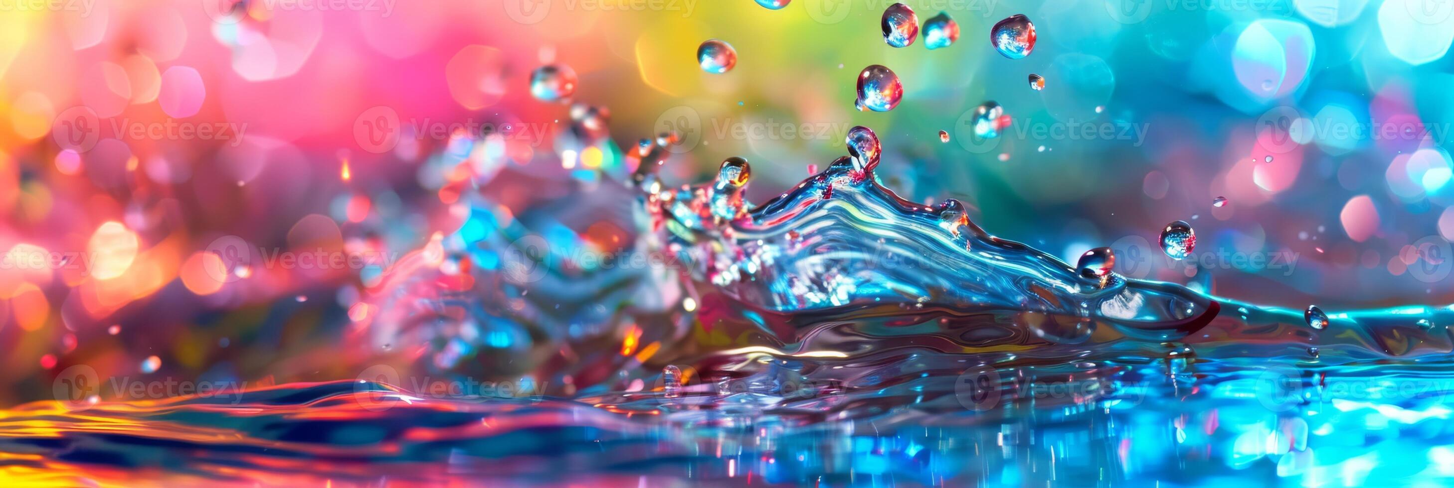 Lively abstract image of colorful rainbow water splashes and bubbles blending in a dynamic composition. photo