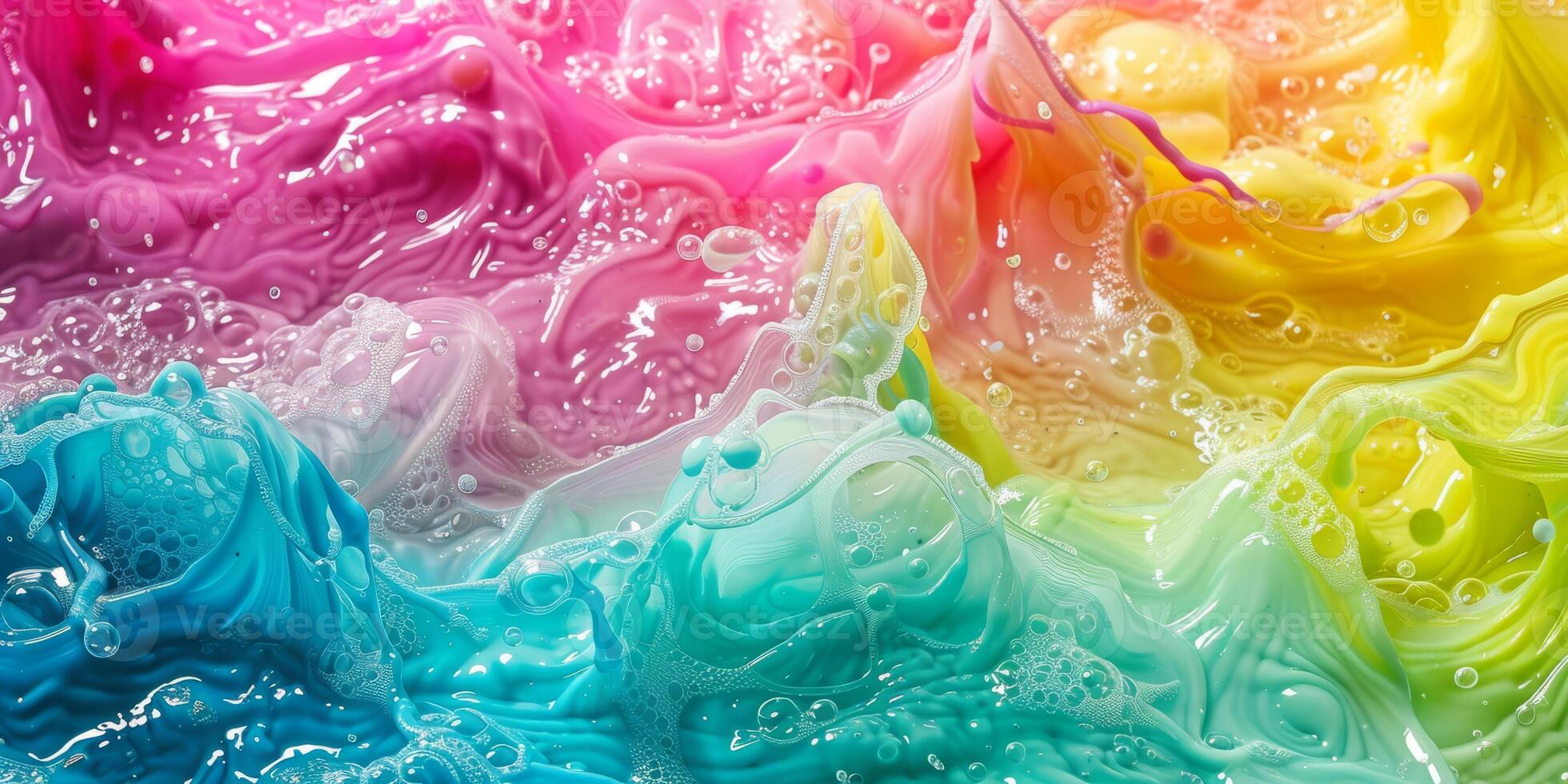 Artwork with dynamic blend of neon pastel shades, creating vibrant abstract fluid art with integrated bubbles photo