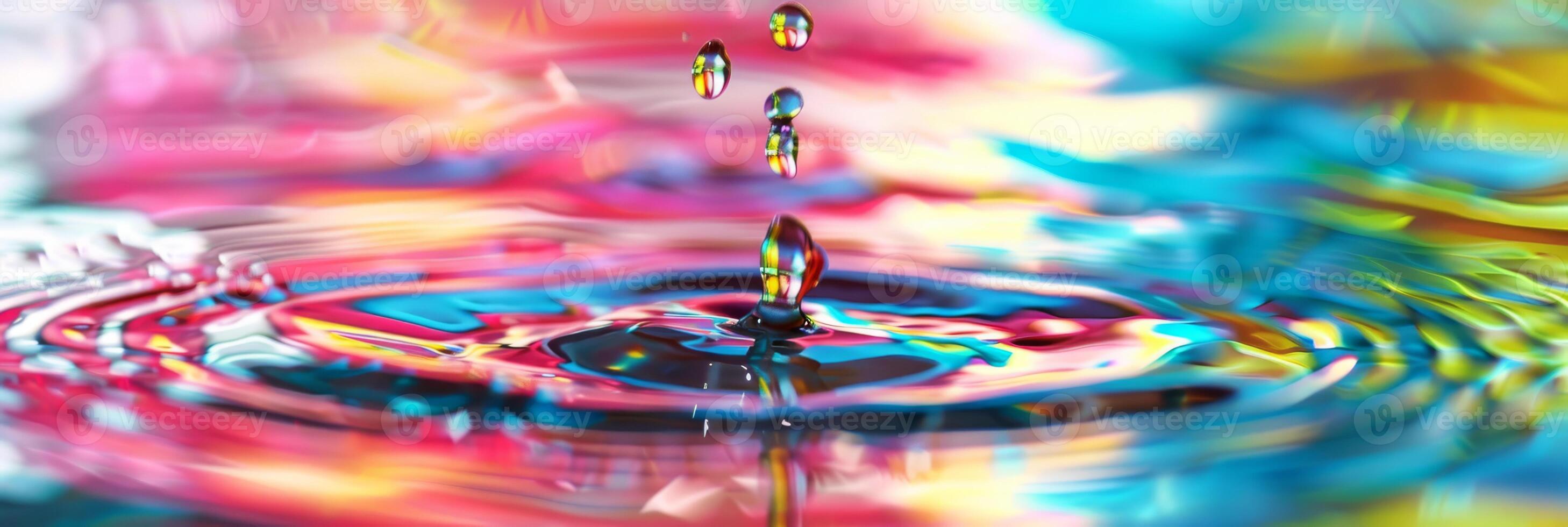 Vibrant droplets are creating ripples in colorful water, showing a dynamic and captivating movement photo