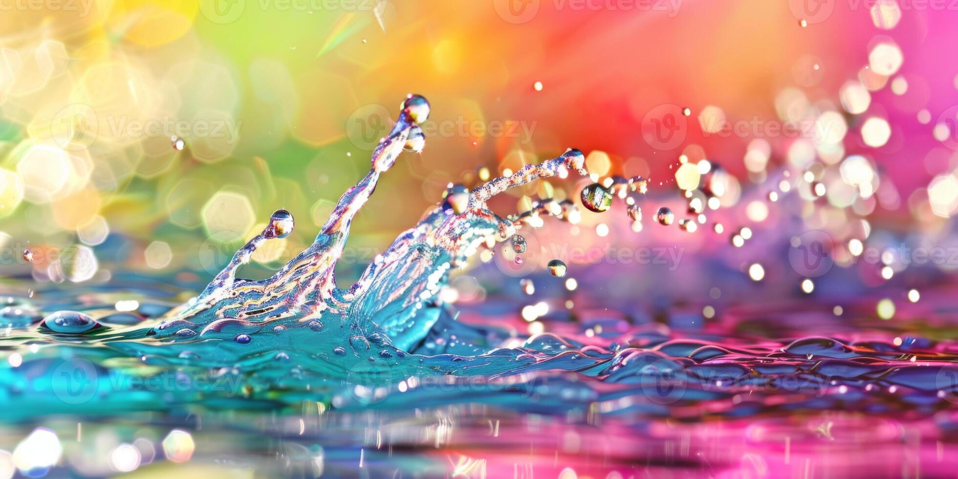 Lively abstract image of colorful rainbow water splashes and bubbles blending in a dynamic composition. photo