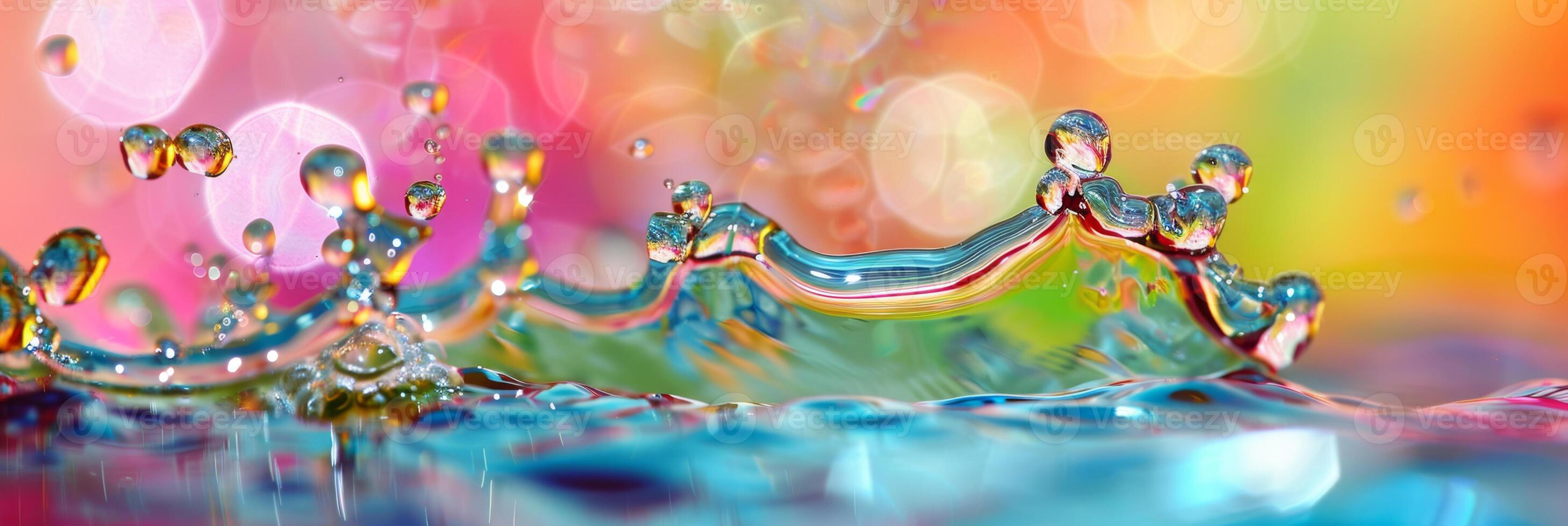 Lively abstract image of colorful rainbow water splashes and bubbles blending in a dynamic composition. photo