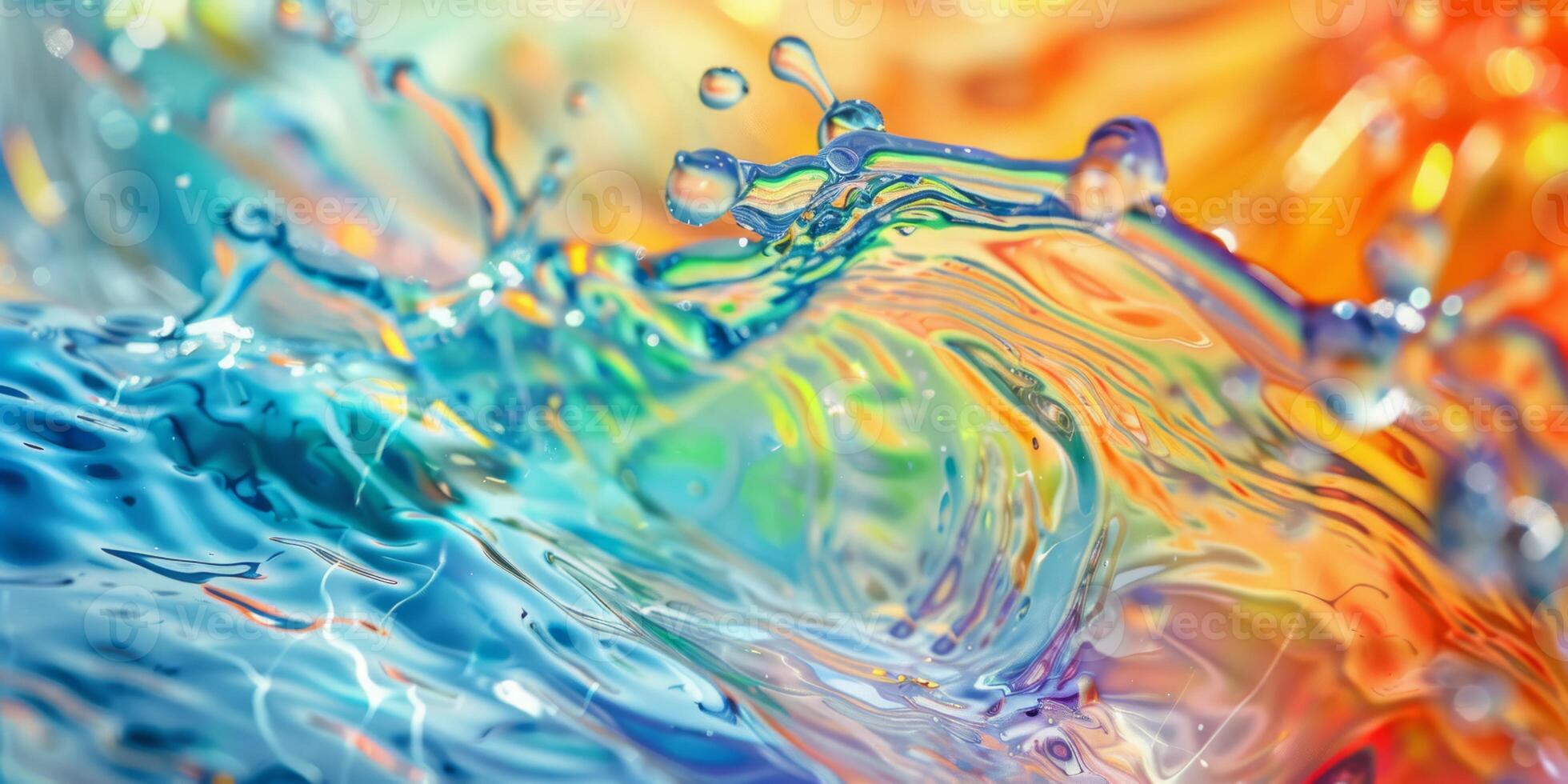 Lively abstract image of colorful rainbow water splashes and bubbles blending in a dynamic composition. photo