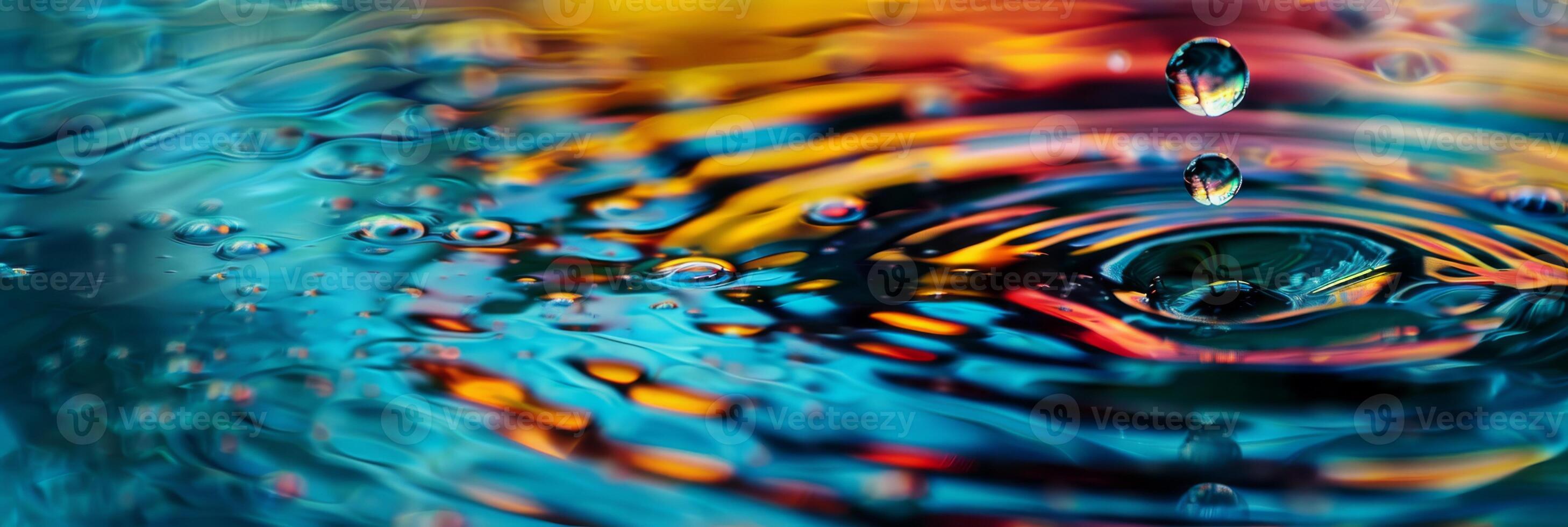 Vibrant droplets are creating ripples in colorful water, showing a dynamic and captivating movement photo