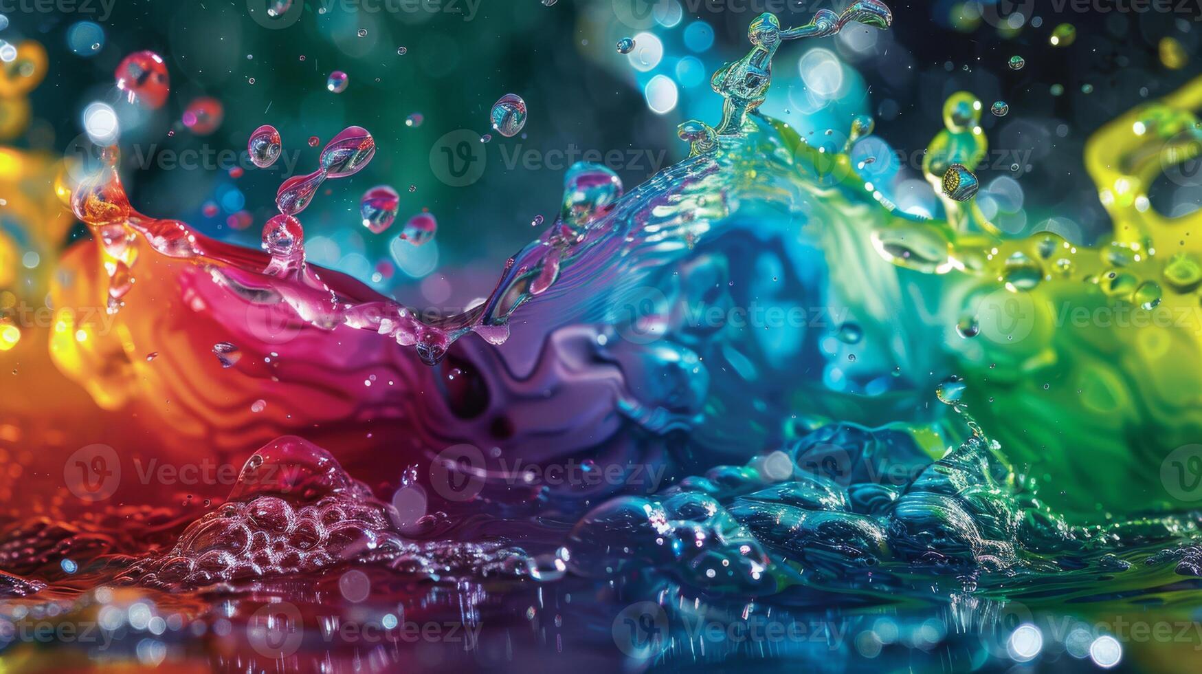 Lively abstract image of colorful rainbow water splashes and bubbles blending in a dynamic composition. photo