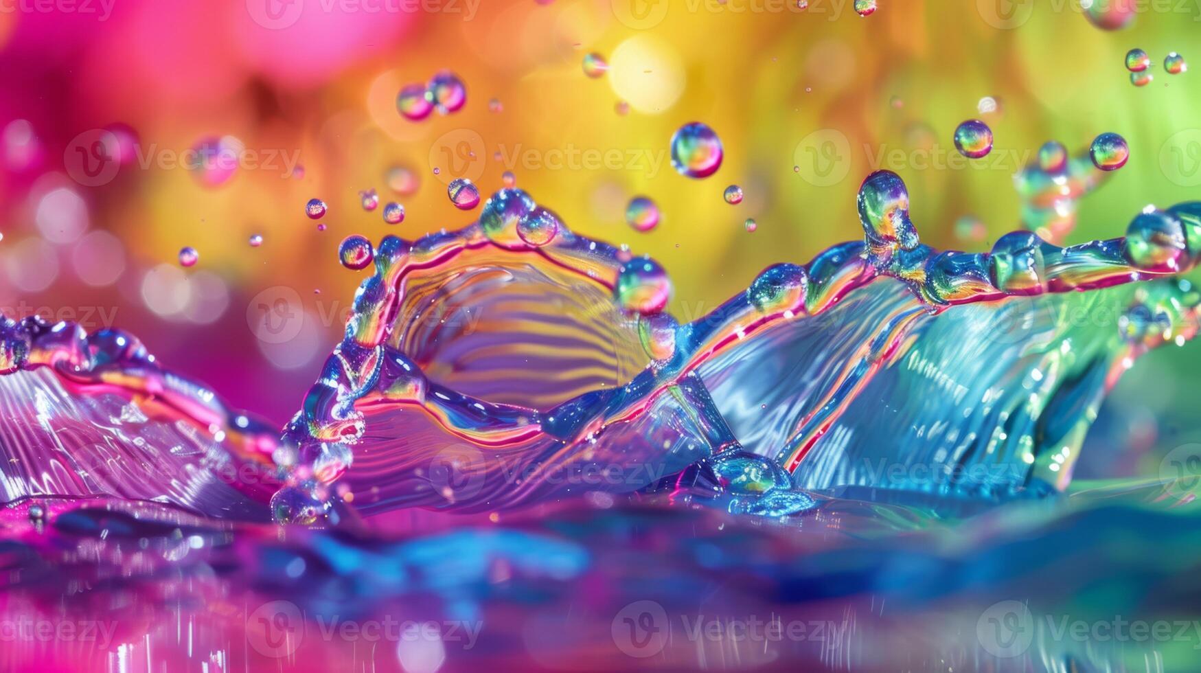 Lively abstract image of colorful rainbow water splashes and bubbles blending in a dynamic composition. photo