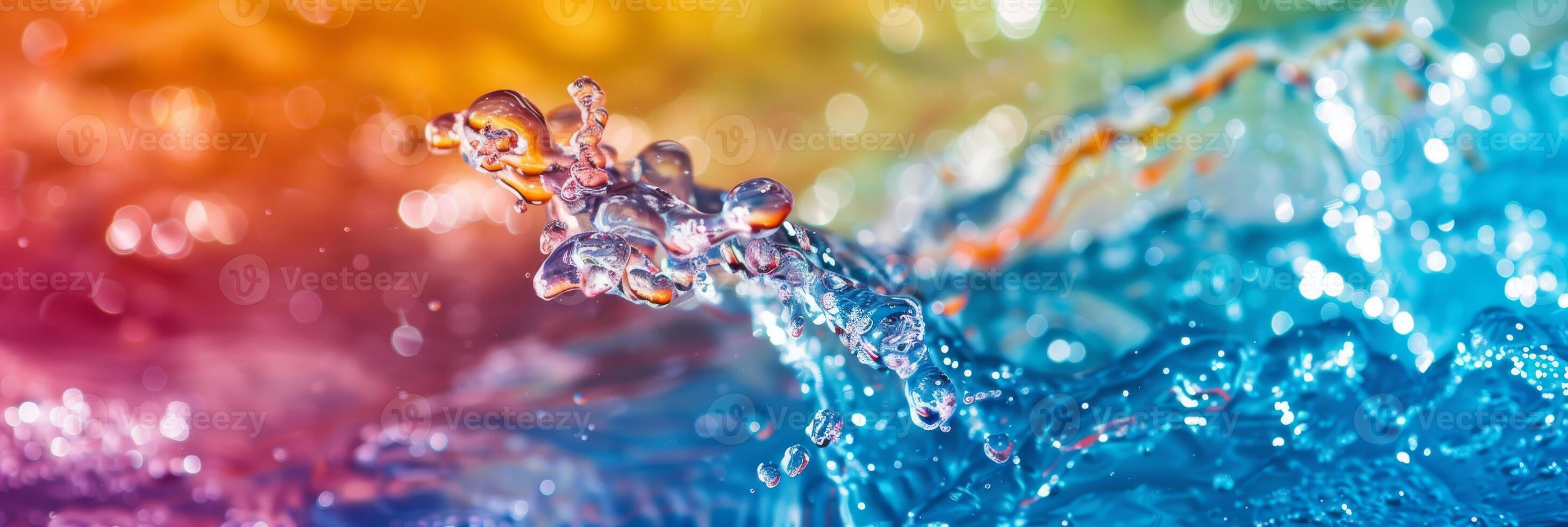 Lively abstract image of colorful rainbow water splashes and bubbles blending in a dynamic composition. photo