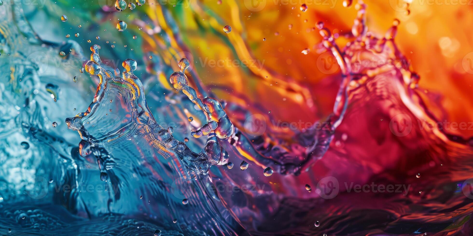 Lively abstract image of colorful rainbow water splashes and bubbles blending in a dynamic composition. photo