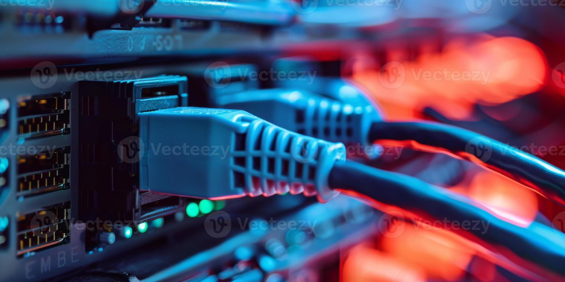 Network cables in a data center connect servers with LED lights for fast and efficient data communication photo