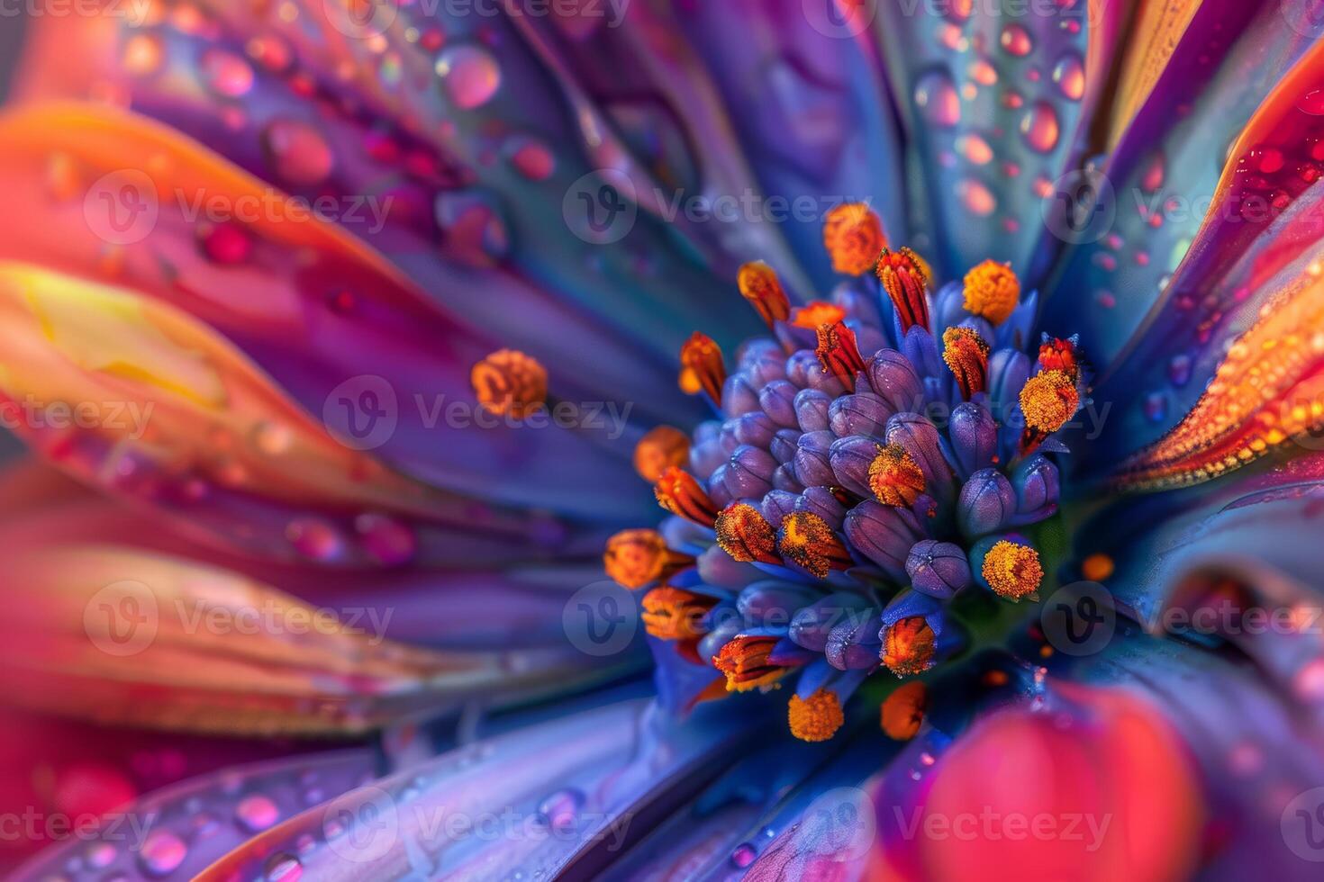 A closeup photo showing the vivid colors and intricate details of a flower adorned with water droplets