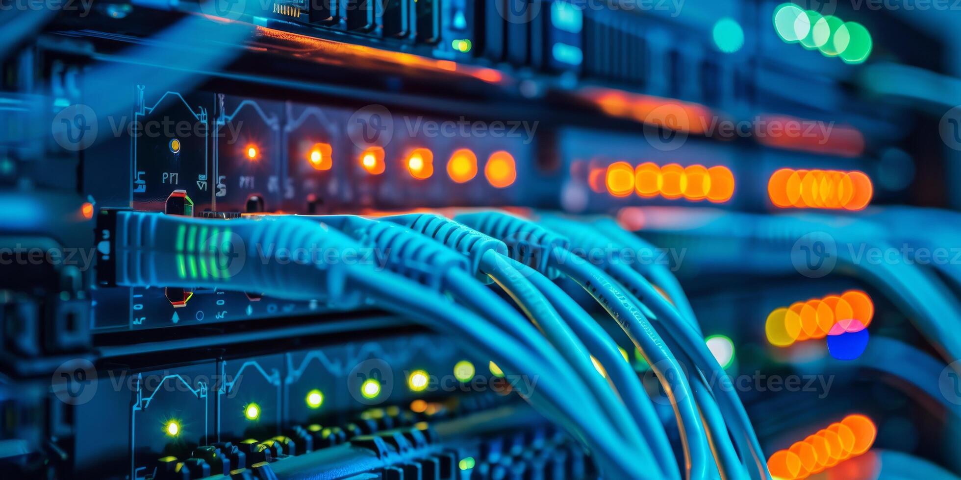 Network cables in a data center connect servers with LED lights for fast and efficient data communication photo