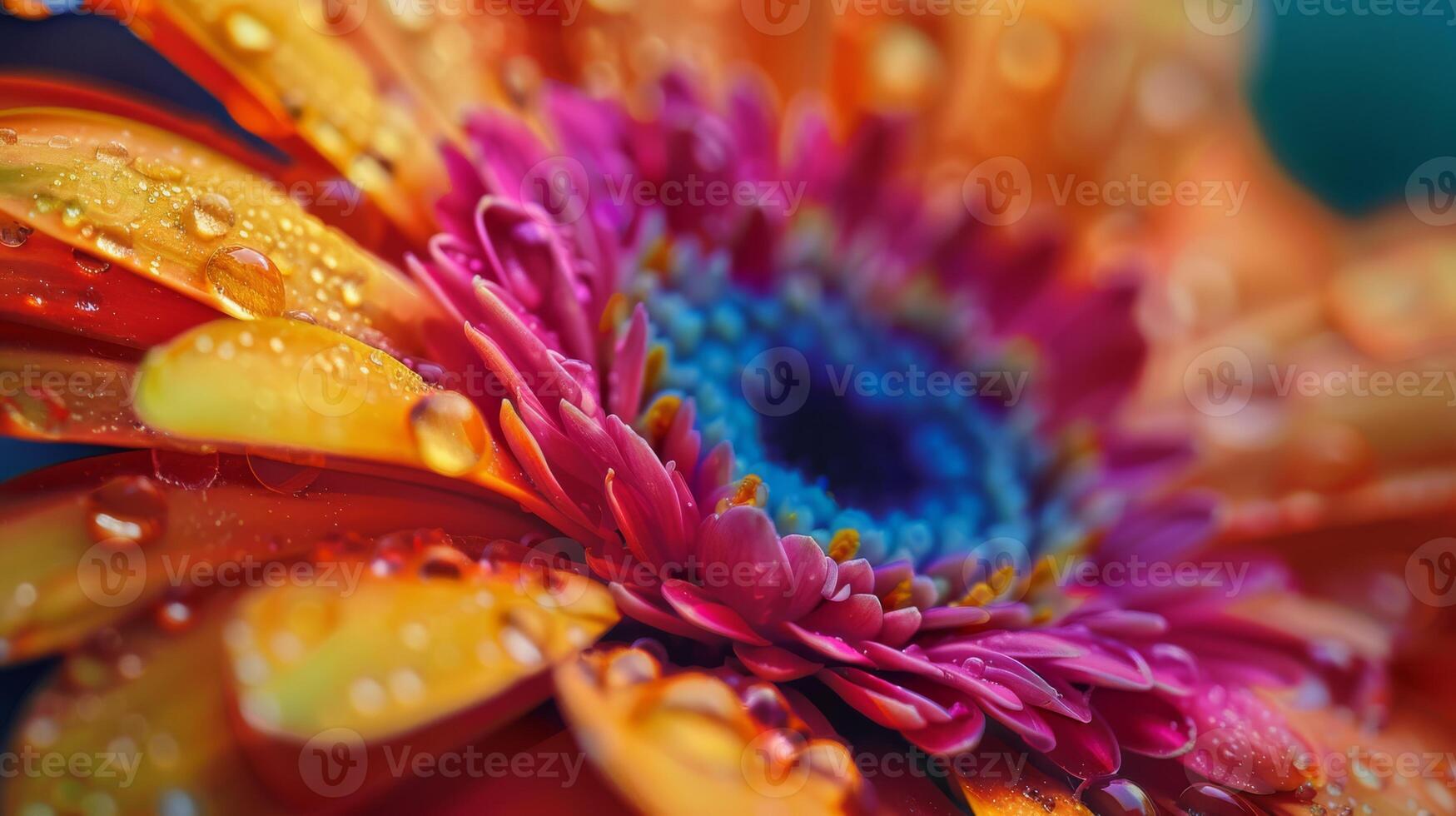 A closeup photo showing the vivid colors and intricate details of a flower adorned with water droplets