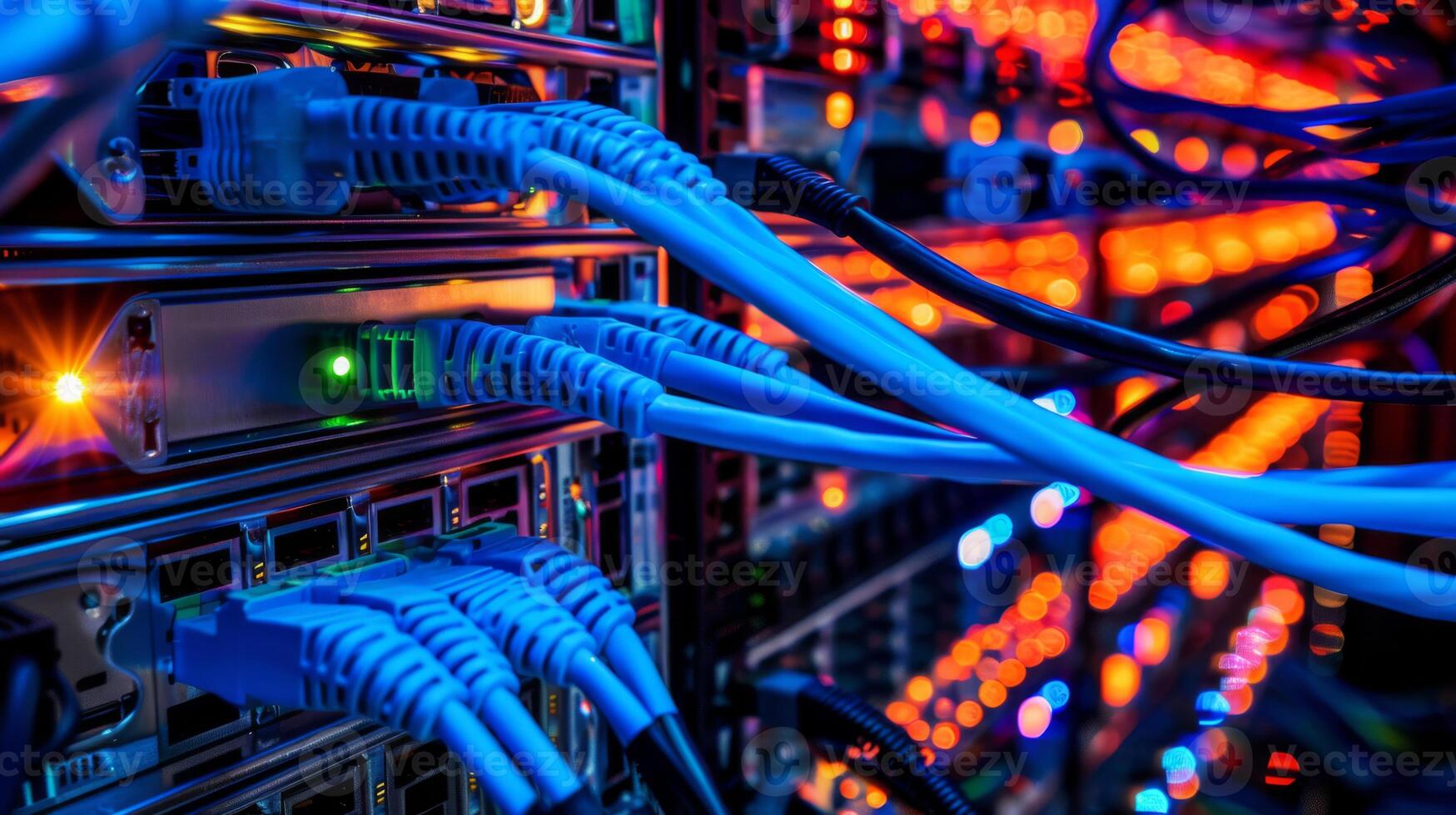 Network cables in a data center connect servers with LED lights for fast and efficient data communication photo