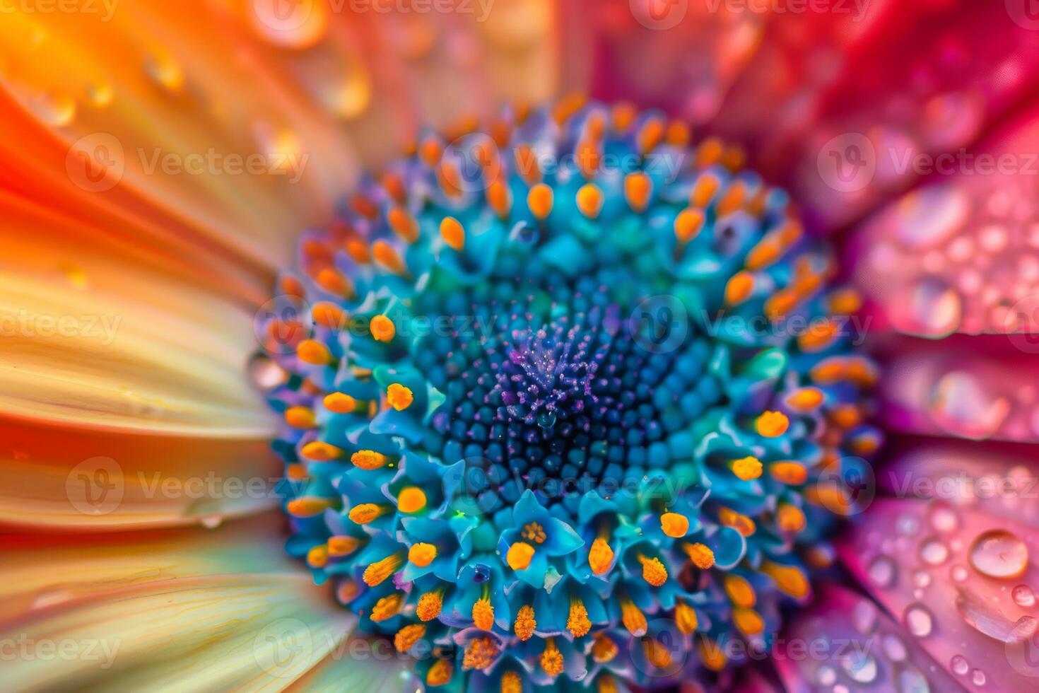 A closeup photo showing the vivid colors and intricate details of a flower adorned with water droplets