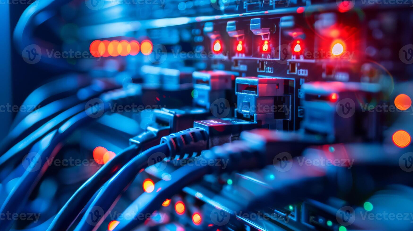 Detailed shot of network cables and server equipment in a technology data center with vivid lighting. photo