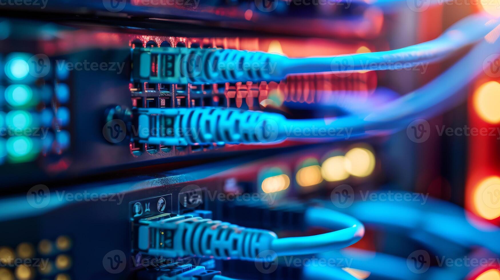 Closeup of Ethernet cables connected to a server with glowing LED lights, representing data connectivity. photo