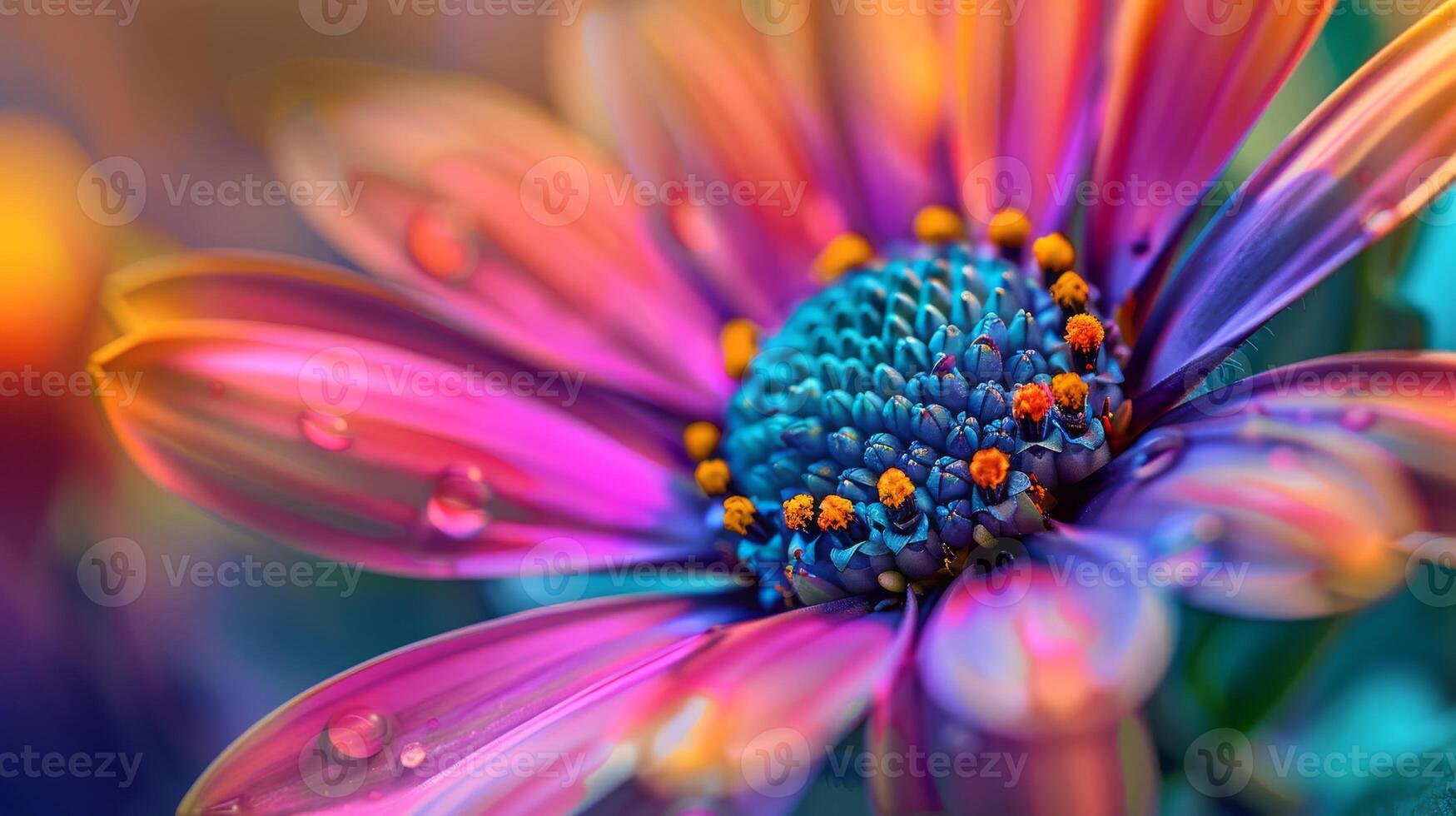 A closeup photo showing the vivid colors and intricate details of a flower adorned with water droplets