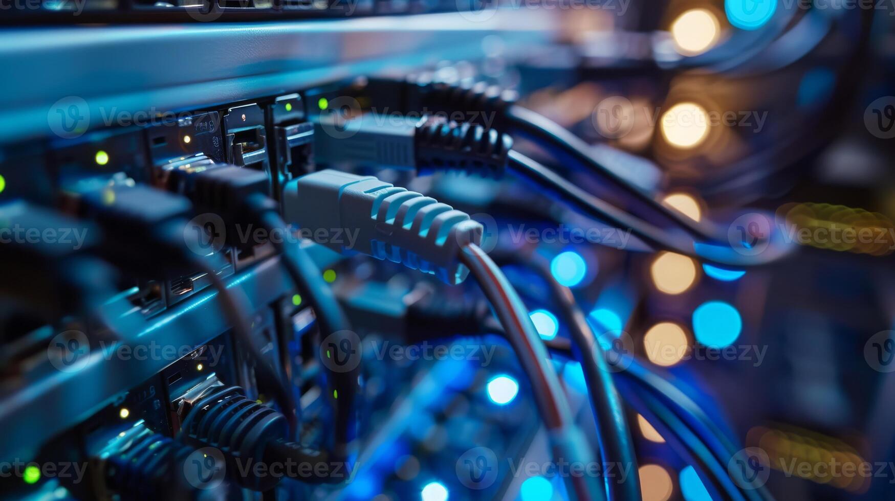 Detailed shot of network cables and server equipment in a technology data center with vivid lighting. photo