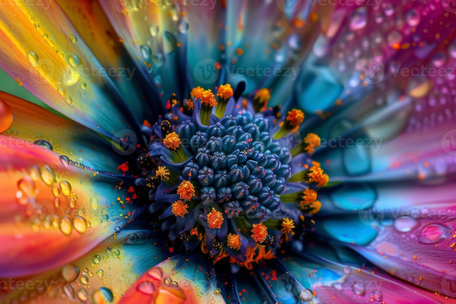 A closeup photo showing the vivid colors and intricate details of a flower adorned with water droplets
