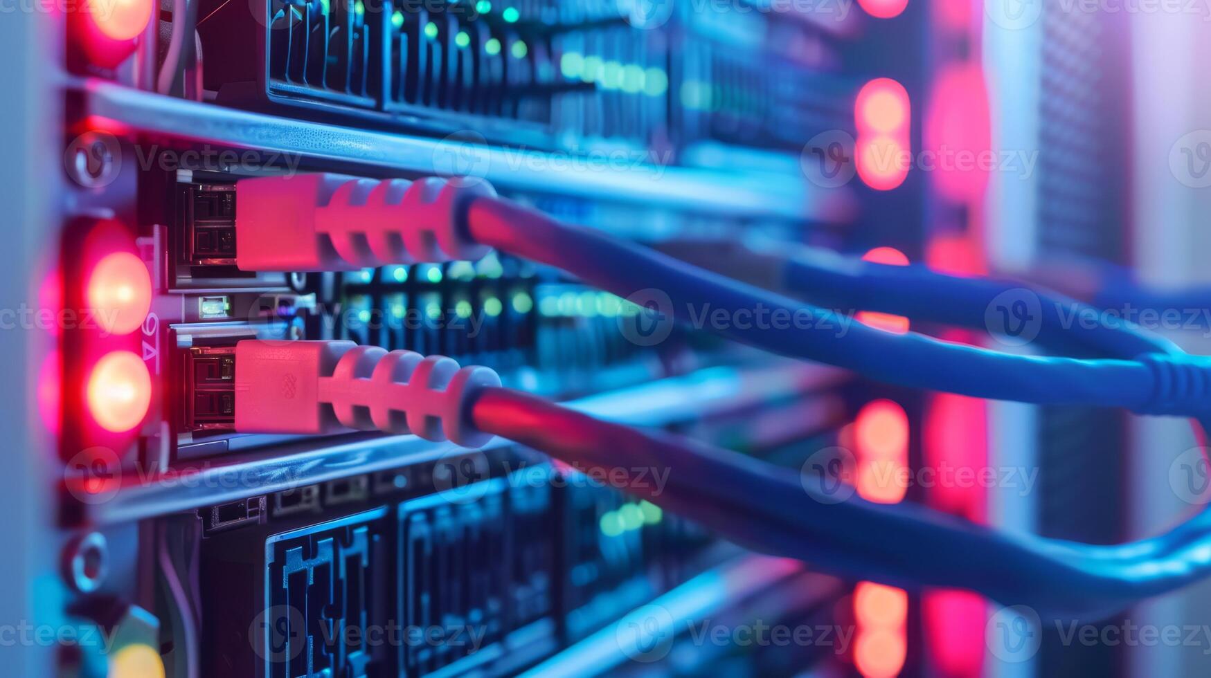 Network cables in a data center connect servers with LED lights for fast and efficient data communication photo