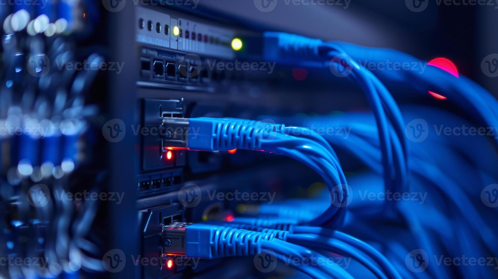 Network cables in a data center connect servers with LED lights for fast and efficient data communication photo