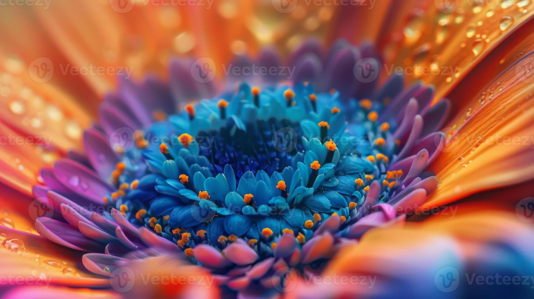 A closeup photo showing the vivid colors and intricate details of a flower adorned with water droplets