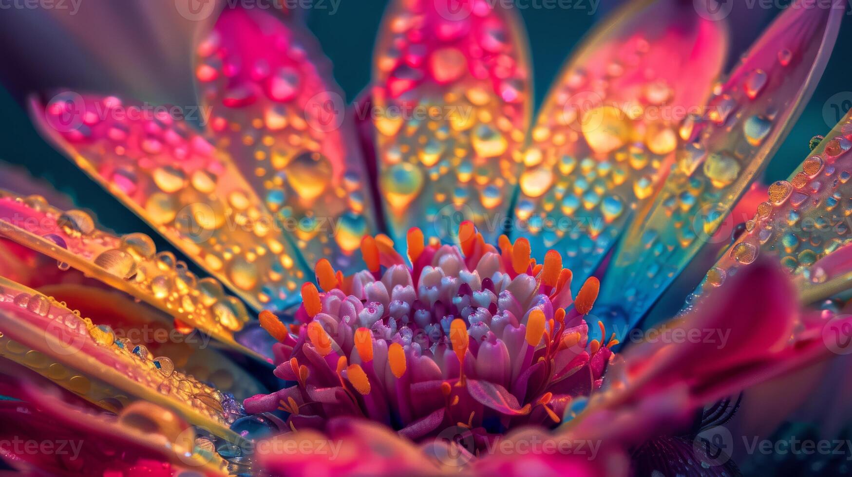 A closeup photo showing the vivid colors and intricate details of a flower adorned with water droplets