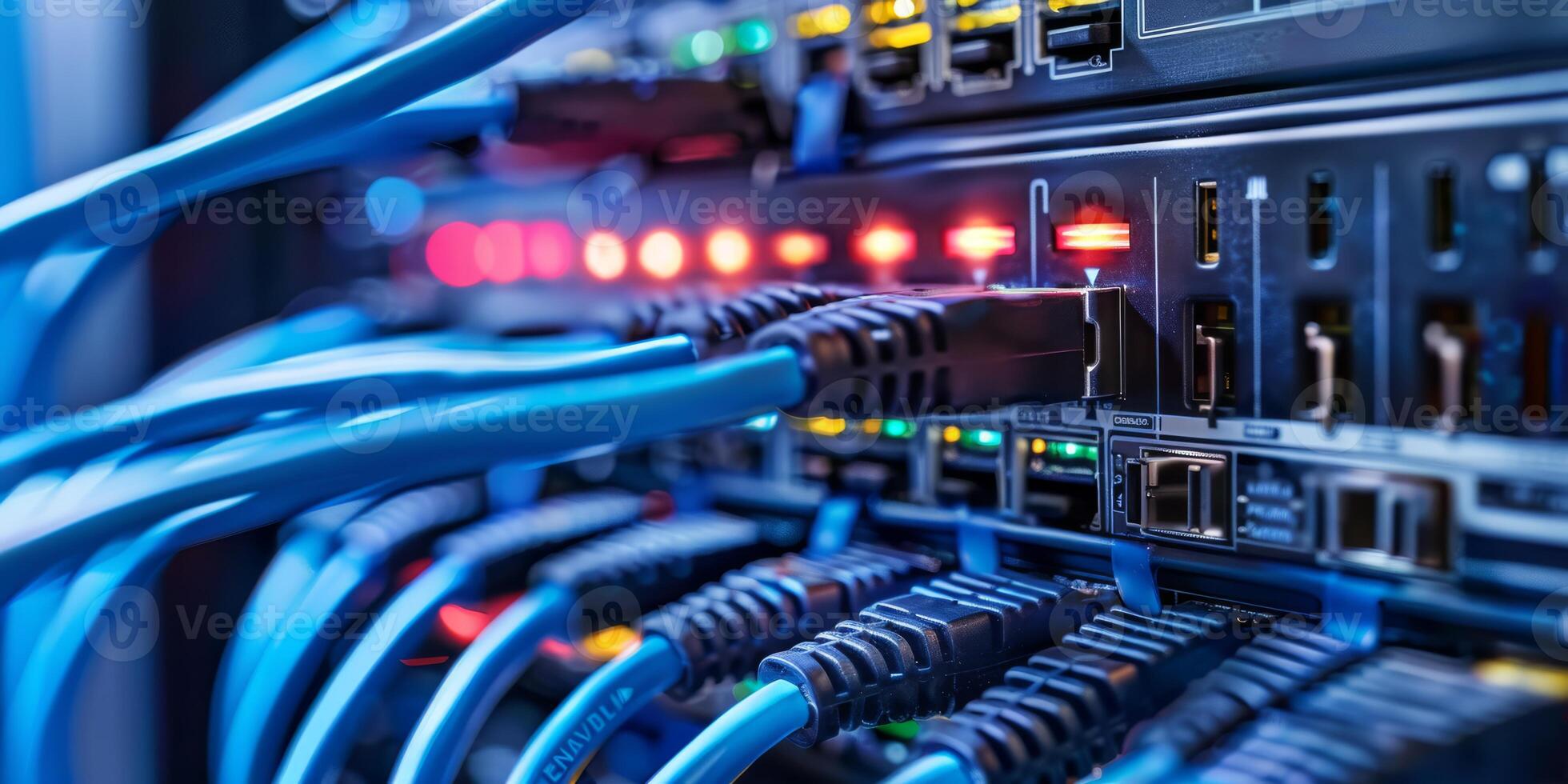 Closeup of Ethernet cables connected to a server with glowing LED lights, representing data connectivity. photo