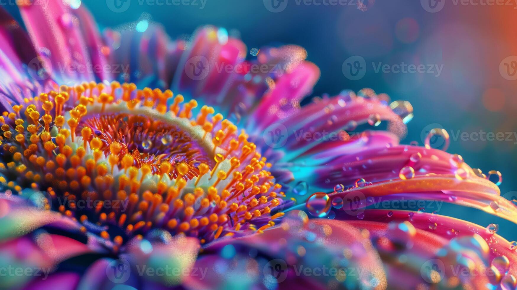 A closeup photo showing the vivid colors and intricate details of a flower adorned with water droplets