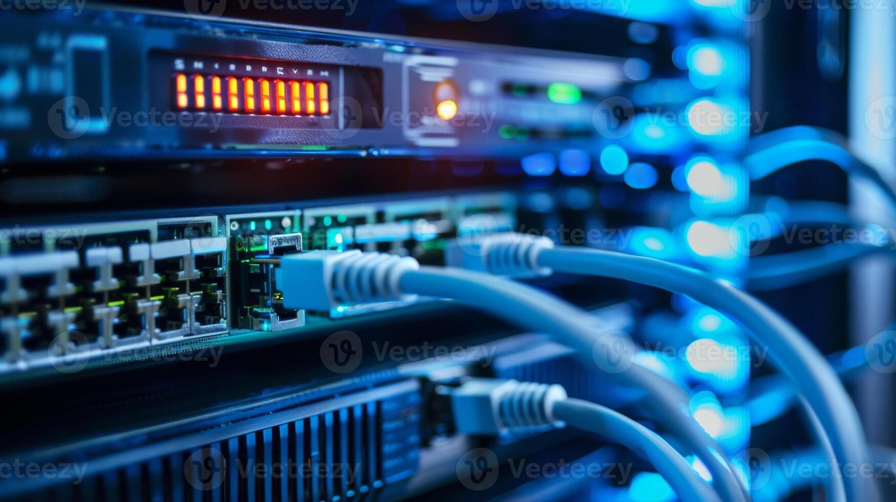 Closeup of Ethernet cables connected to a server with glowing LED lights, representing data connectivity. photo