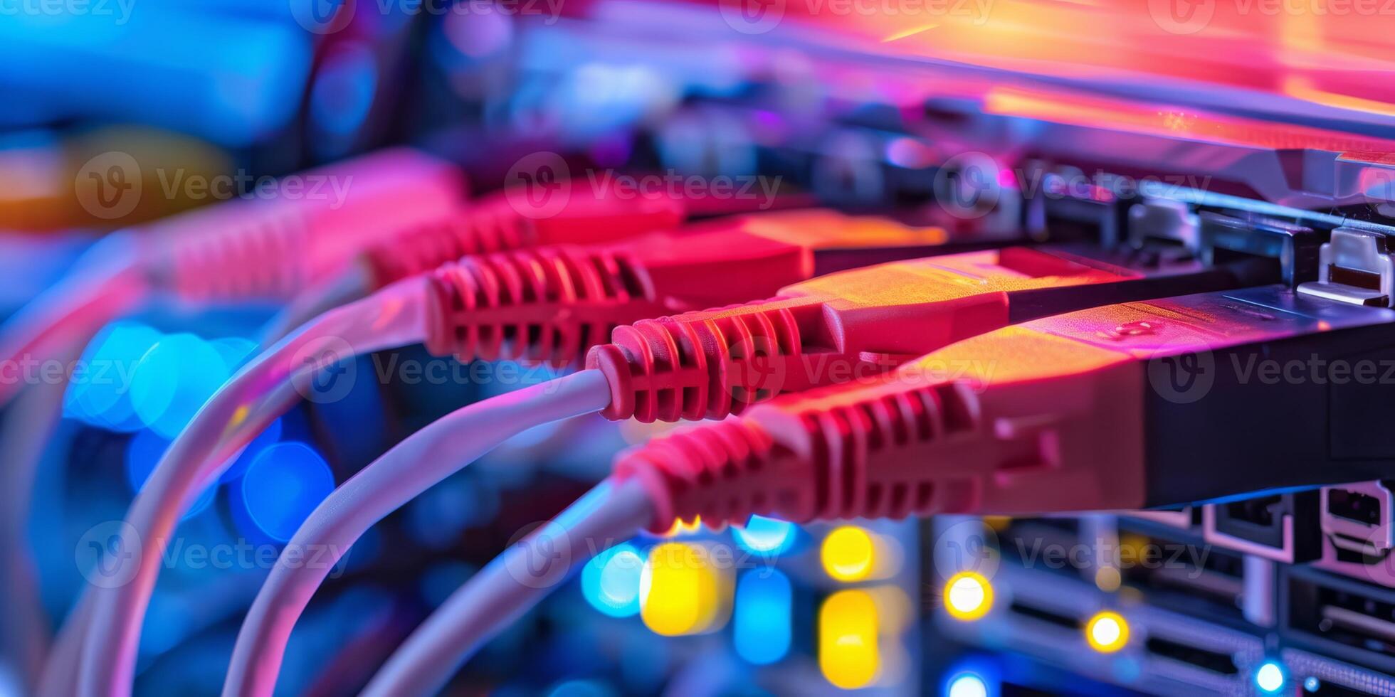 Data center cables connect to switches with bright LEDs, showing hightech connectivity and infrastructure photo